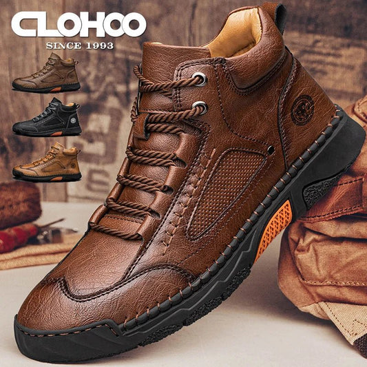 CLOHOO Handmade Men's High - Top Leather Boots – Hand - Sewn Business Casual & Outdoor Shoes - InspiredGrabs.com