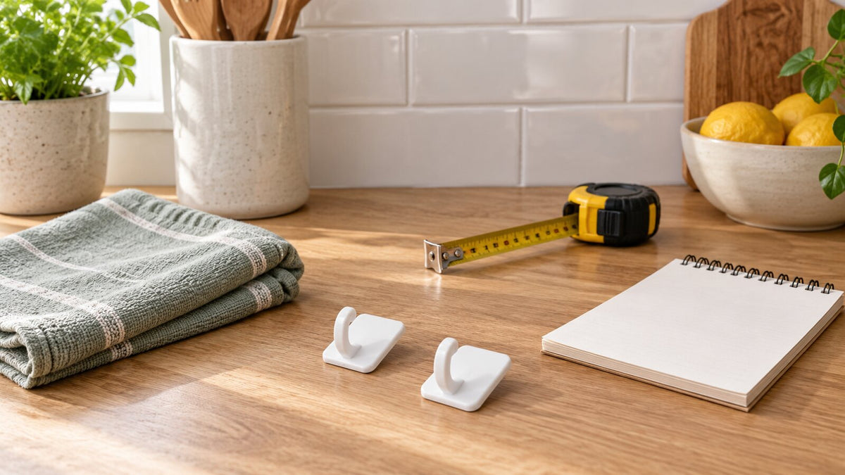 Two loose white adhesive hooks, a tape measure, a folded green dish towel, and a blank notebook on a wooden counter in front of white tile