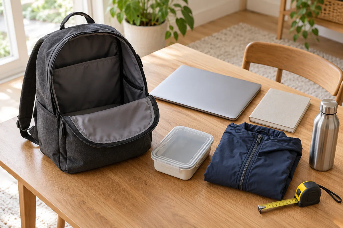 Open charcoal backpack beside a laptop, notebook, lunch container, folded jacket, bottle, and measuring tape on a wooden table.
