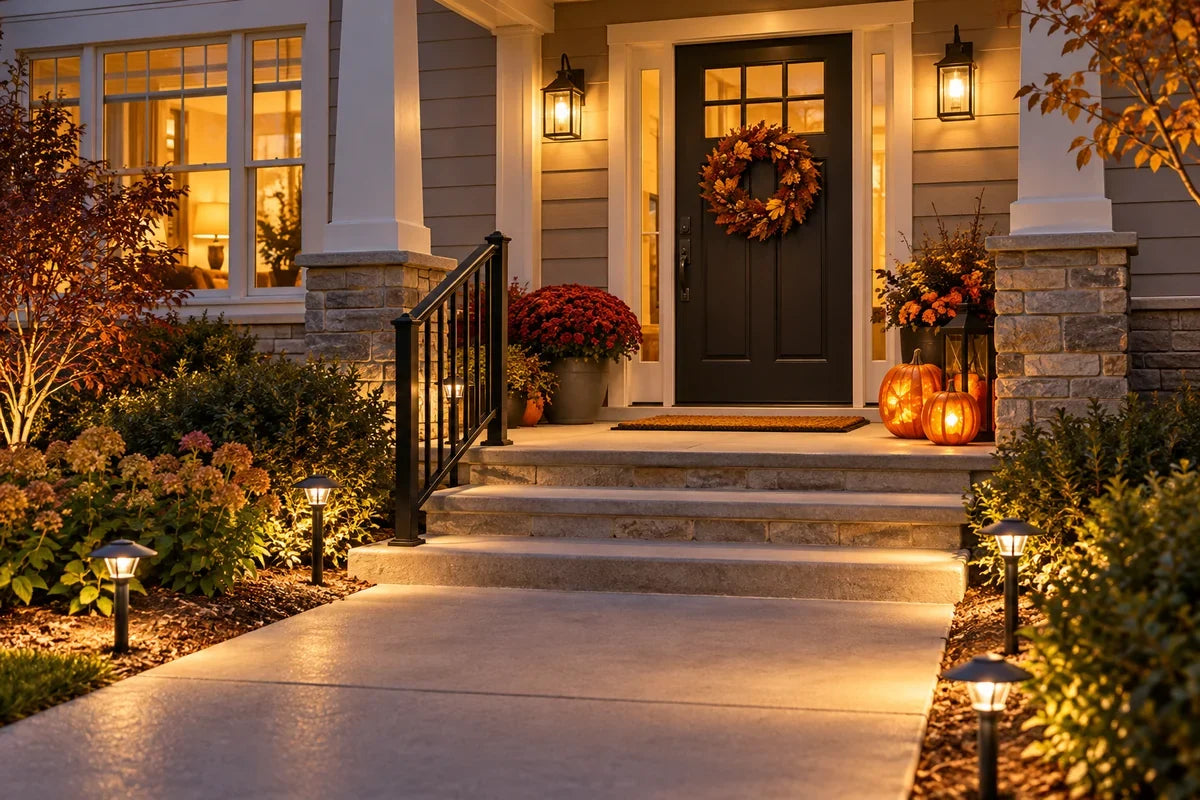 Well-lit front porch at dusk with a clear walkway, open steps, handrail, secured mat, and battery-lit pumpkins beside the path