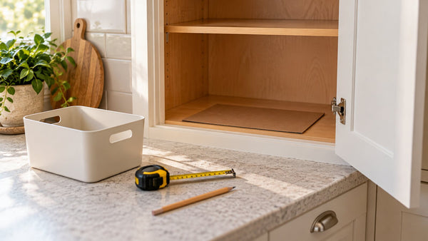 Open kitchen cabinet with a cardboard footprint template, measuring tape, pencil, and a plain storage bin on the counter