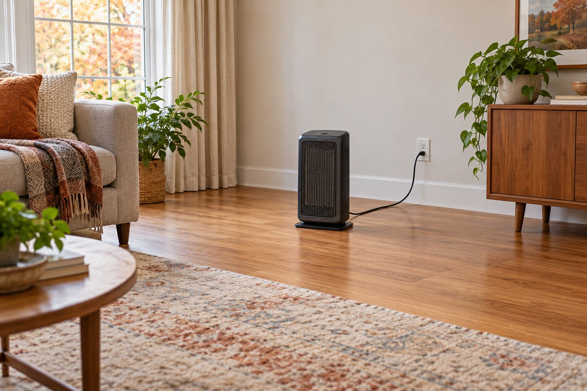 Portable electric space heater on a clear hardwood floor, plugged directly into a wall outlet with furniture kept several feet away.