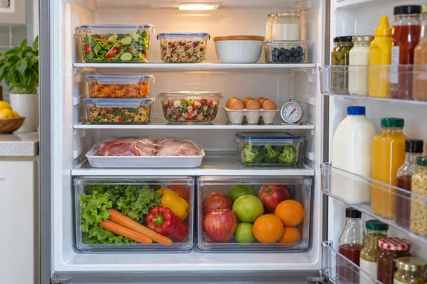 Open refrigerator organized with covered foods above, sealed raw meat on the lowest shelf, produce drawers, condiments, and a thermometer
