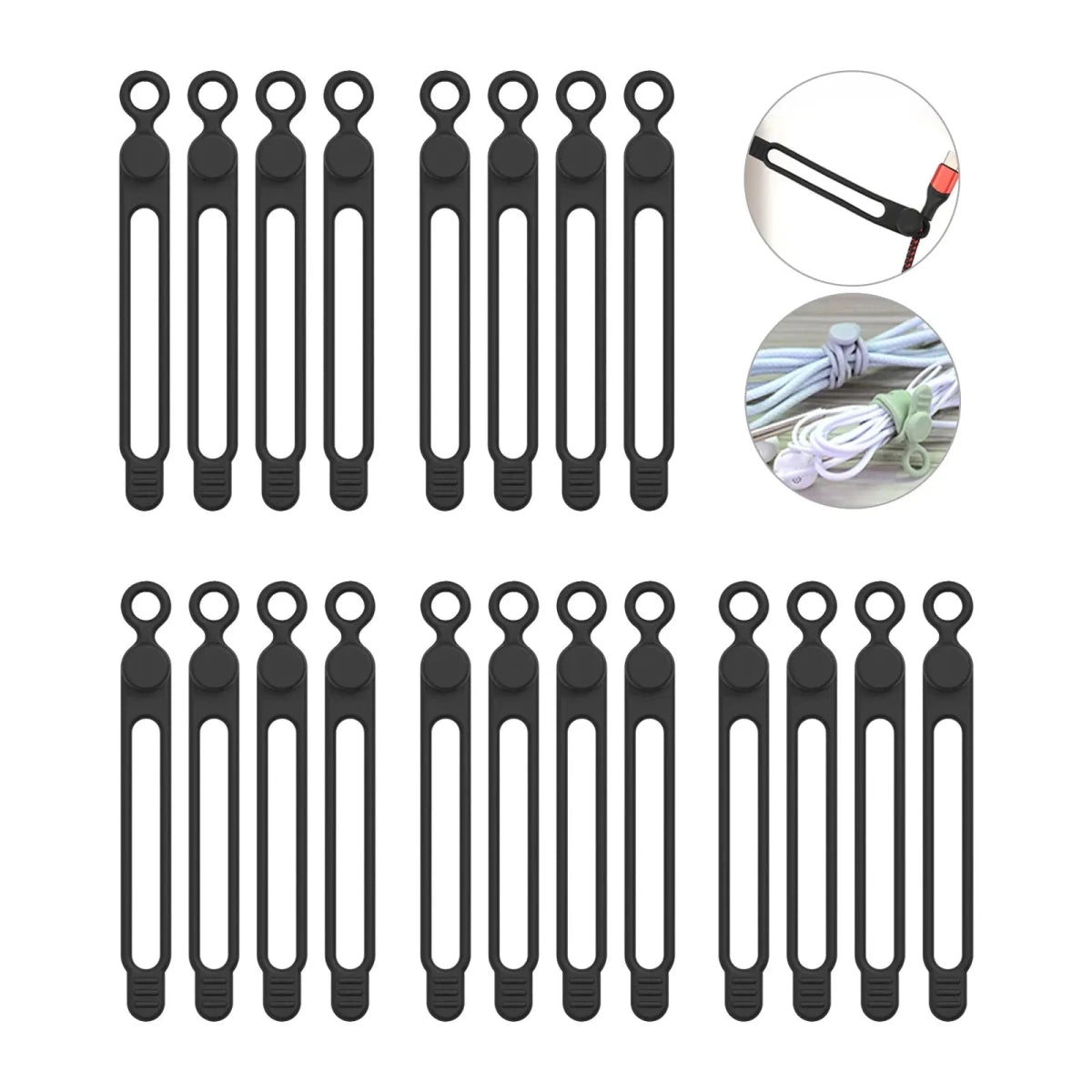 20-Pack Reusable Silicone Cable Ties – Black - InspiredGrabs.com