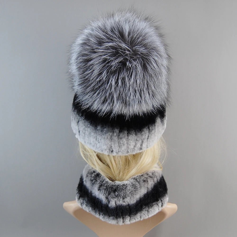 2025 Women’s Real Rex Rabbit Fur Ring Cap & Silver Fox Fur Scarf - InspiredGrabs.com