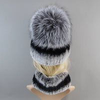 Thumbnail for 2025 Women’s Real Rex Rabbit Fur Ring Cap & Silver Fox Fur Scarf - InspiredGrabs.com