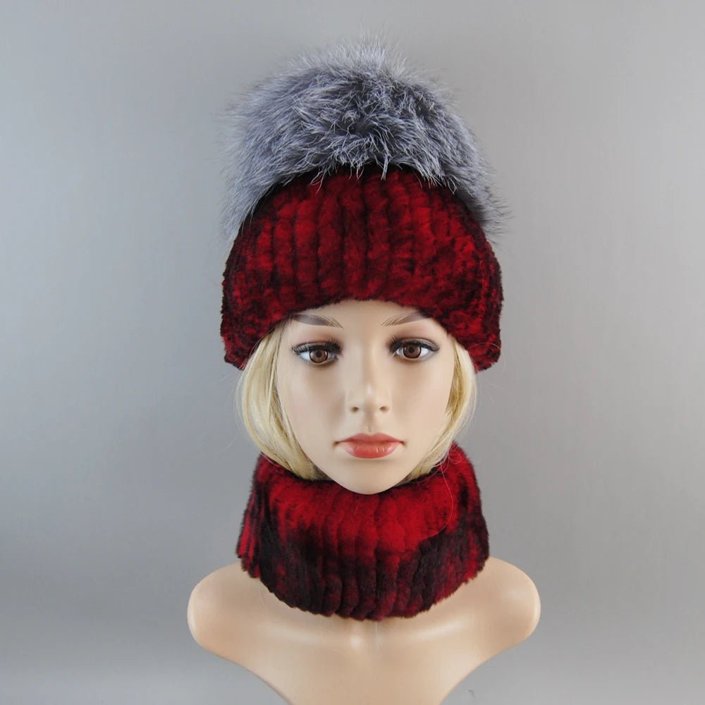 2025 Women’s Real Rex Rabbit Fur Ring Cap & Silver Fox Fur Scarf - InspiredGrabs.com