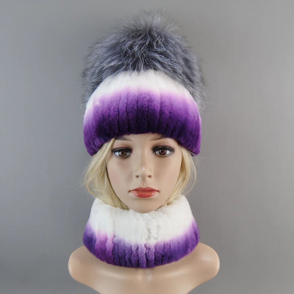 2025 Women’s Real Rex Rabbit Fur Ring Cap & Silver Fox Fur Scarf - InspiredGrabs.com