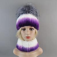 Thumbnail for 2025 Women’s Real Rex Rabbit Fur Ring Cap & Silver Fox Fur Scarf - InspiredGrabs.com