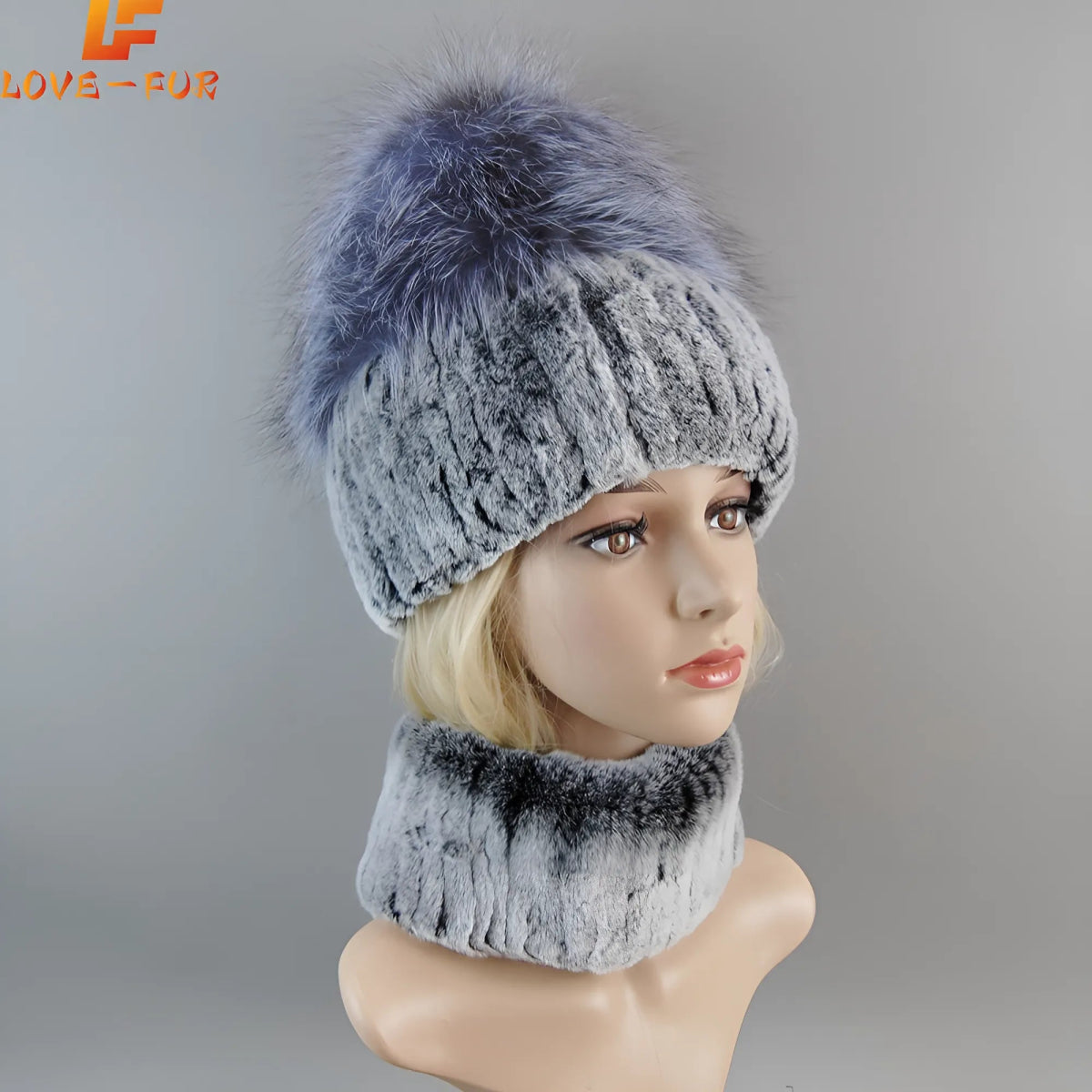 2025 Women’s Real Rex Rabbit Fur Ring Cap & Silver Fox Fur Scarf - InspiredGrabs.com