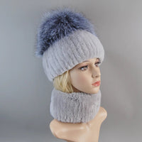 Thumbnail for 2025 Women’s Real Rex Rabbit Fur Ring Cap & Silver Fox Fur Scarf - InspiredGrabs.com