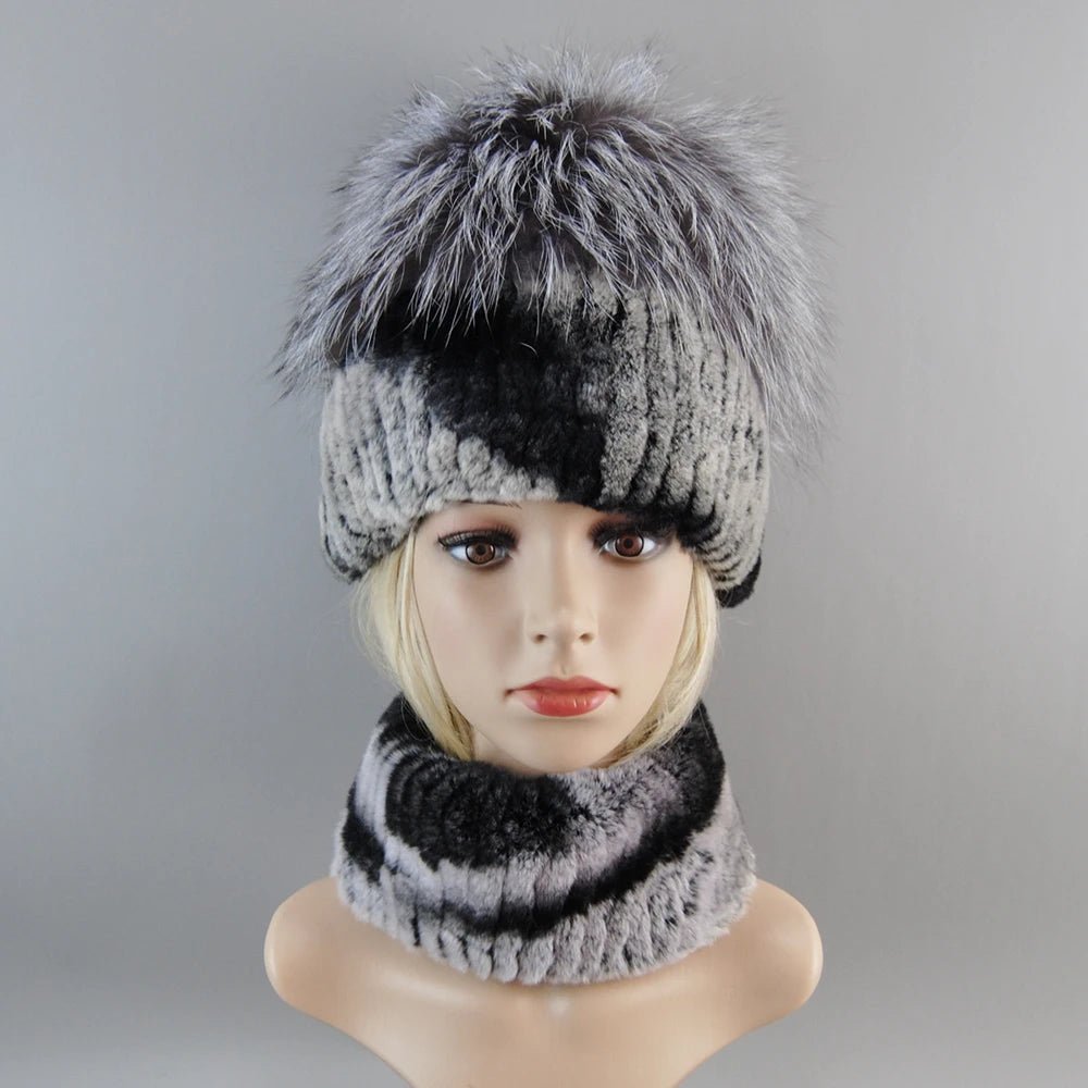 2025 Women’s Real Rex Rabbit Fur Ring Cap & Silver Fox Fur Scarf - InspiredGrabs.com