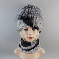 Thumbnail for 2025 Women’s Real Rex Rabbit Fur Ring Cap & Silver Fox Fur Scarf - InspiredGrabs.com