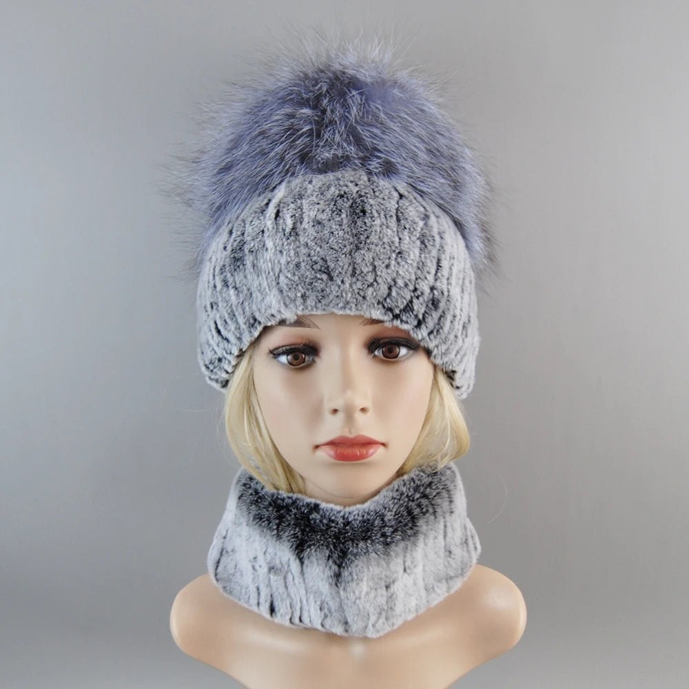 2025 Women’s Real Rex Rabbit Fur Ring Cap & Silver Fox Fur Scarf - InspiredGrabs.com