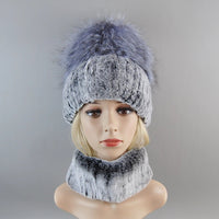 Thumbnail for 2025 Women’s Real Rex Rabbit Fur Ring Cap & Silver Fox Fur Scarf - InspiredGrabs.com