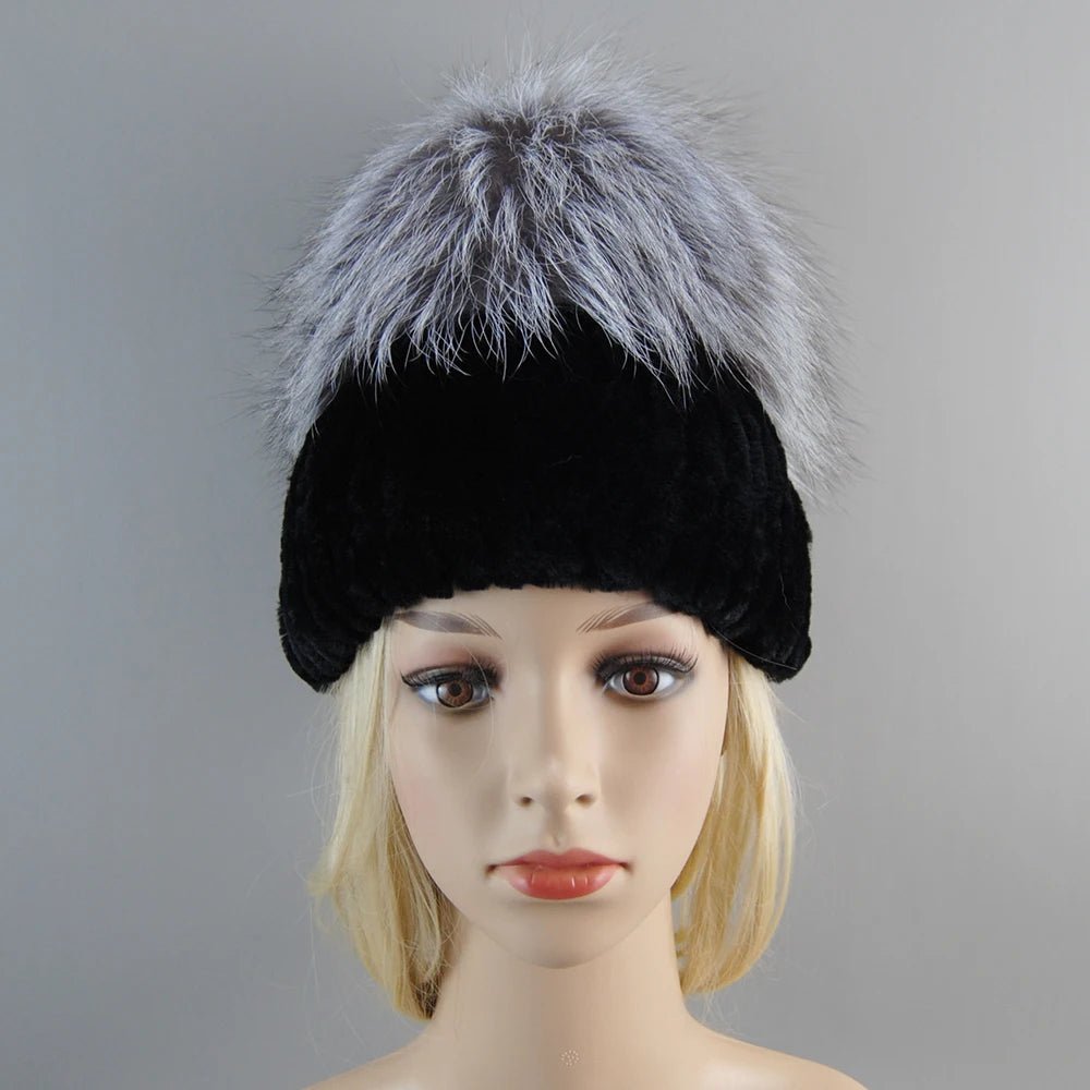 2025 Women’s Real Rex Rabbit Fur Ring Cap & Silver Fox Fur Scarf - InspiredGrabs.com