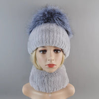 Thumbnail for 2025 Women’s Real Rex Rabbit Fur Ring Cap & Silver Fox Fur Scarf - InspiredGrabs.com