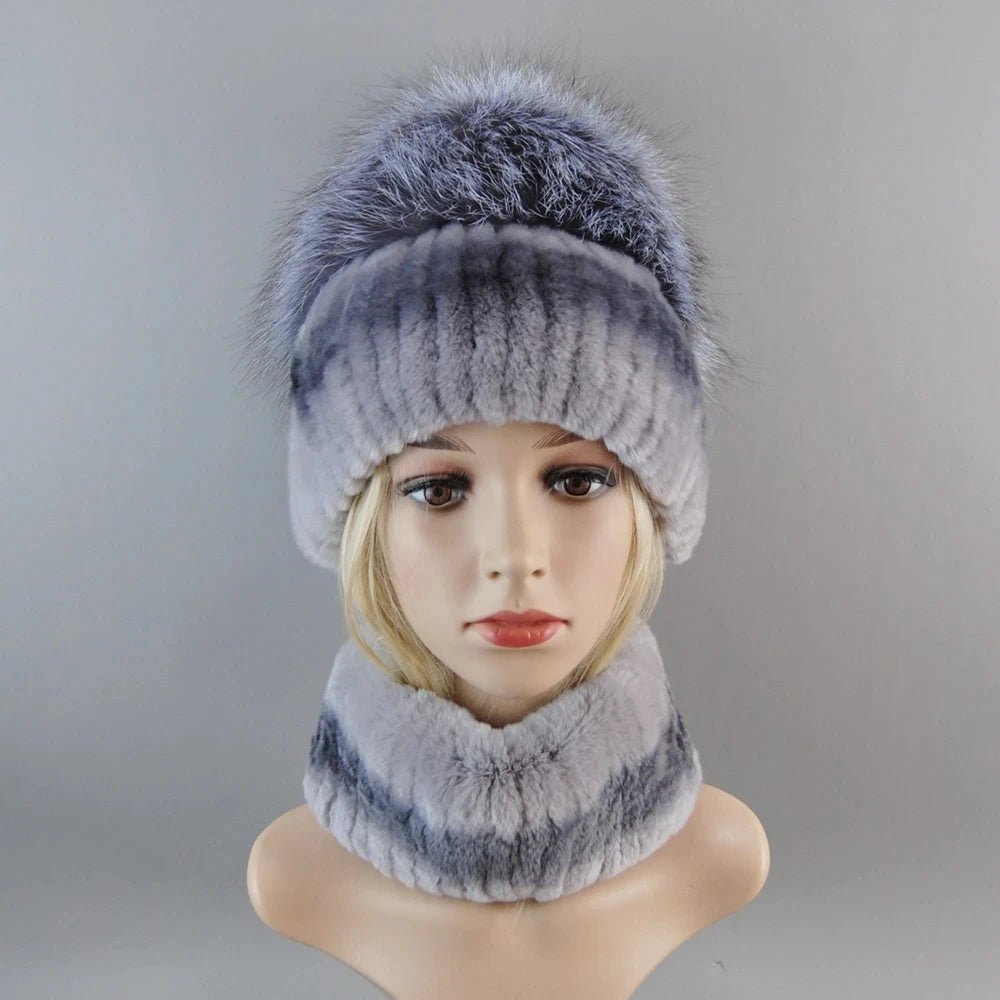2025 Women’s Real Rex Rabbit Fur Ring Cap & Silver Fox Fur Scarf - InspiredGrabs.com