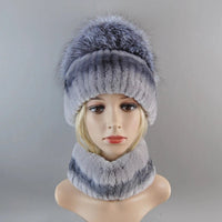 Thumbnail for 2025 Women’s Real Rex Rabbit Fur Ring Cap & Silver Fox Fur Scarf - InspiredGrabs.com
