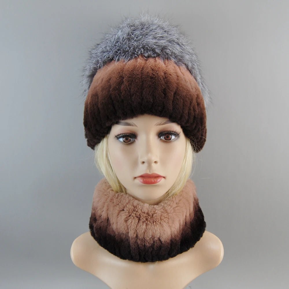 2025 Women’s Real Rex Rabbit Fur Ring Cap & Silver Fox Fur Scarf - InspiredGrabs.com