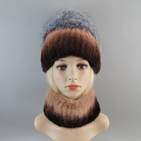 Thumbnail for 2025 Women’s Real Rex Rabbit Fur Ring Cap & Silver Fox Fur Scarf - InspiredGrabs.com