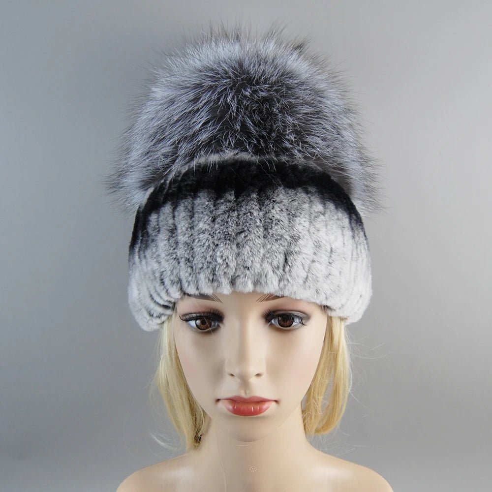 2025 Women’s Real Rex Rabbit Fur Ring Cap & Silver Fox Fur Scarf - InspiredGrabs.com
