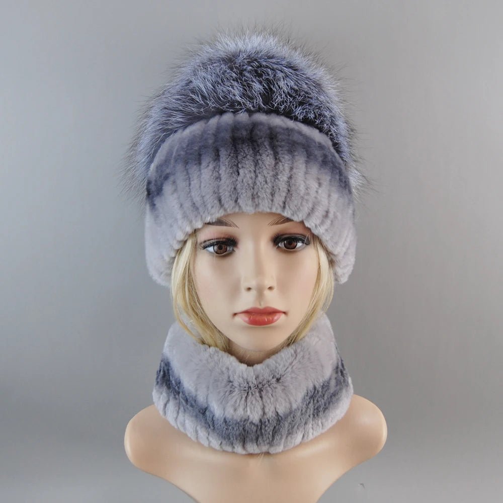 2025 Women’s Real Rex Rabbit Fur Ring Cap & Silver Fox Fur Scarf - InspiredGrabs.com