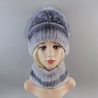 Thumbnail for 2025 Women’s Real Rex Rabbit Fur Ring Cap & Silver Fox Fur Scarf - InspiredGrabs.com