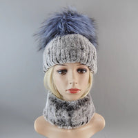 Thumbnail for 2025 Women’s Real Rex Rabbit Fur Ring Cap & Silver Fox Fur Scarf - InspiredGrabs.com