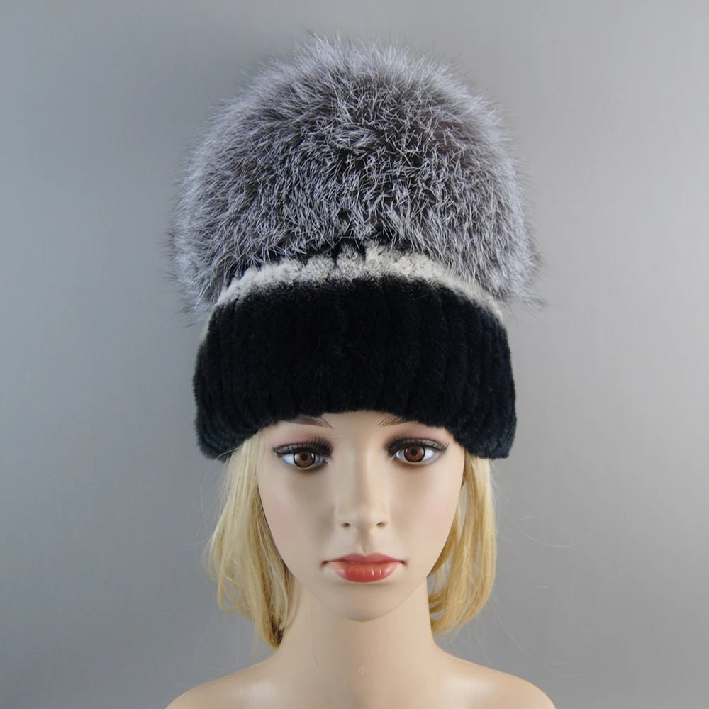 2025 Women’s Real Rex Rabbit Fur Ring Cap & Silver Fox Fur Scarf - InspiredGrabs.com