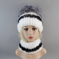 Thumbnail for 2025 Women’s Real Rex Rabbit Fur Ring Cap & Silver Fox Fur Scarf - InspiredGrabs.com