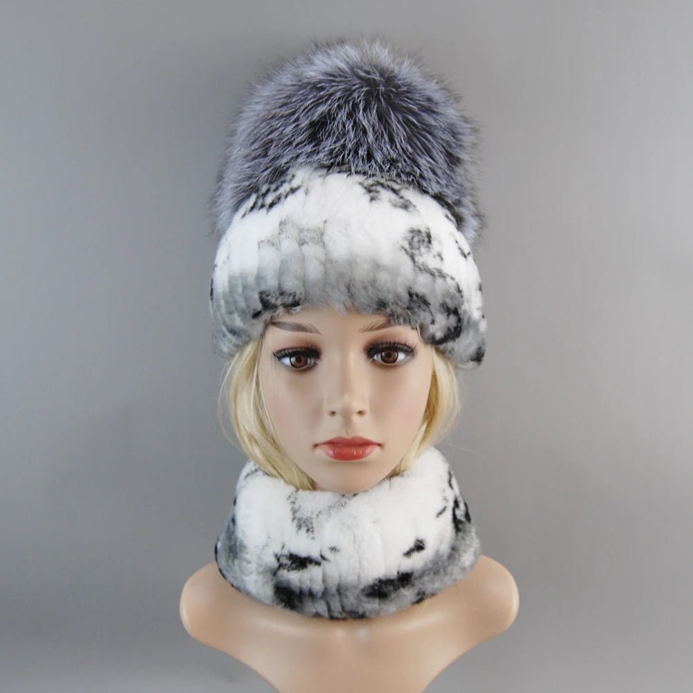 2025 Women’s Real Rex Rabbit Fur Ring Cap & Silver Fox Fur Scarf - InspiredGrabs.com