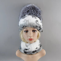 Thumbnail for 2025 Women’s Real Rex Rabbit Fur Ring Cap & Silver Fox Fur Scarf - InspiredGrabs.com