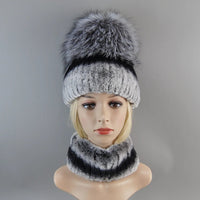 Thumbnail for 2025 Women’s Real Rex Rabbit Fur Ring Cap & Silver Fox Fur Scarf - InspiredGrabs.com
