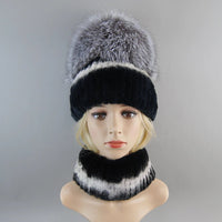 Thumbnail for 2025 Women’s Real Rex Rabbit Fur Ring Cap & Silver Fox Fur Scarf - InspiredGrabs.com