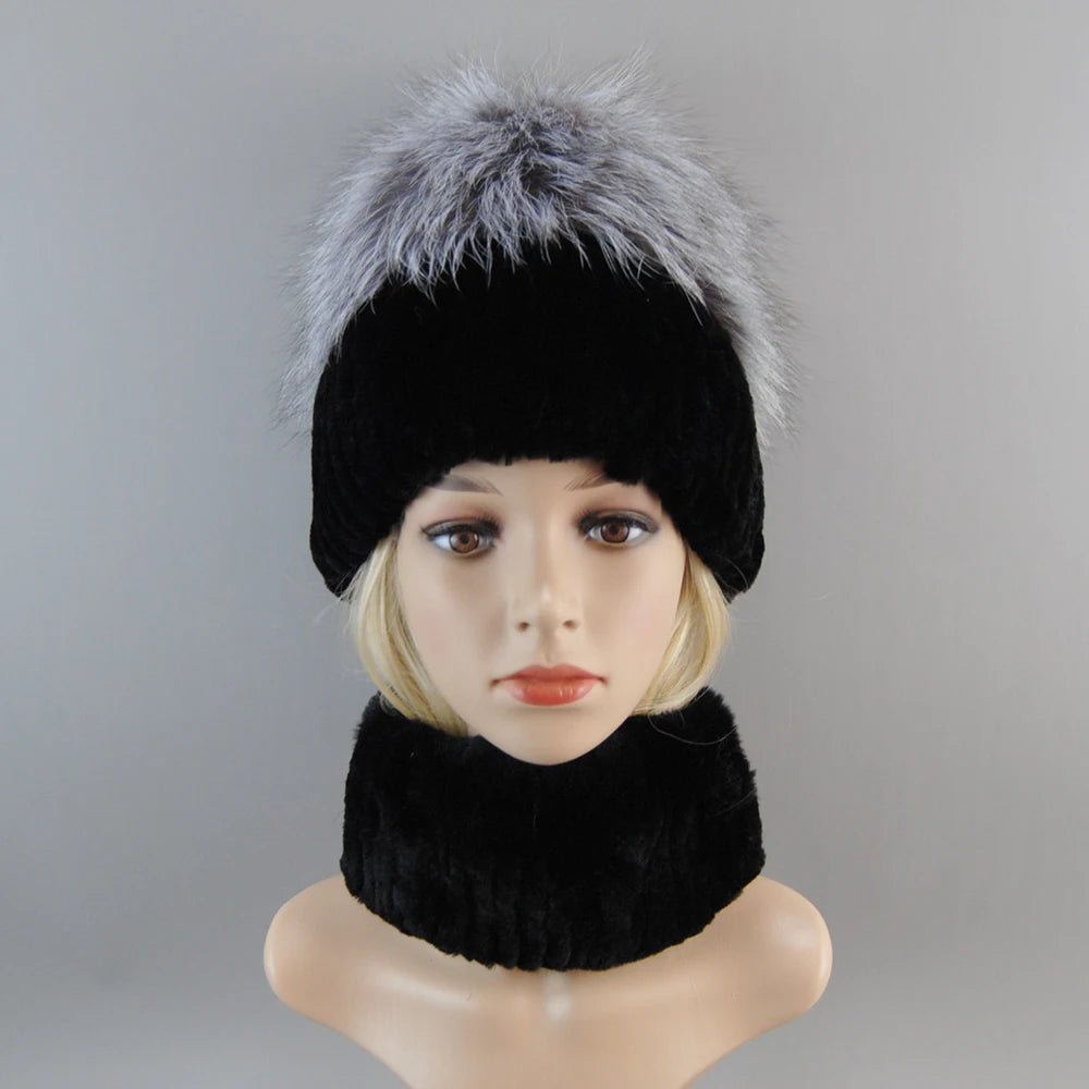 2025 Women’s Real Rex Rabbit Fur Ring Cap & Silver Fox Fur Scarf - InspiredGrabs.com