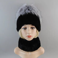 Thumbnail for 2025 Women’s Real Rex Rabbit Fur Ring Cap & Silver Fox Fur Scarf - InspiredGrabs.com