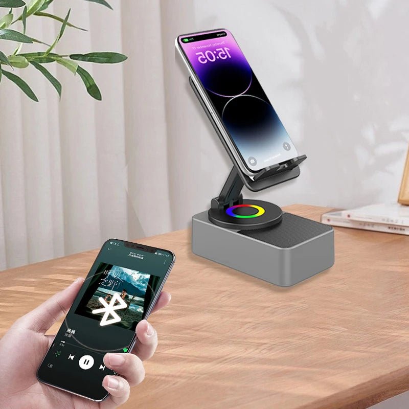 3 - in - 1 Mobile Phone Holder: Stand Bracket + Audio Power Bank + Wireless Bluetooth Speaker | Adjustable, Foldable, Rotating Desktop Accessory - InspiredGrabs.com