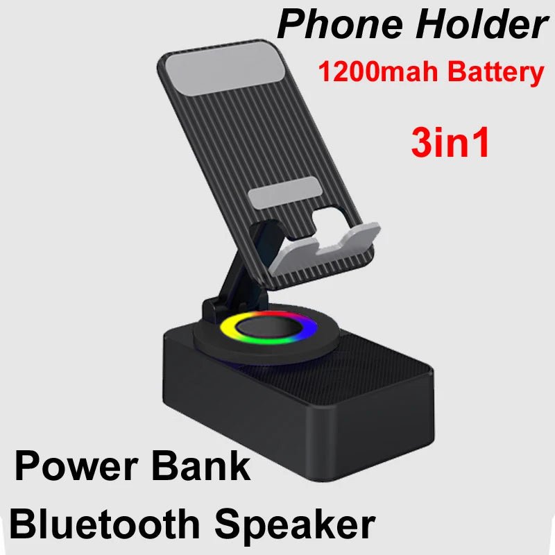 3 - in - 1 Mobile Phone Holder: Stand Bracket + Audio Power Bank + Wireless Bluetooth Speaker | Adjustable, Foldable, Rotating Desktop Accessory - InspiredGrabs.com