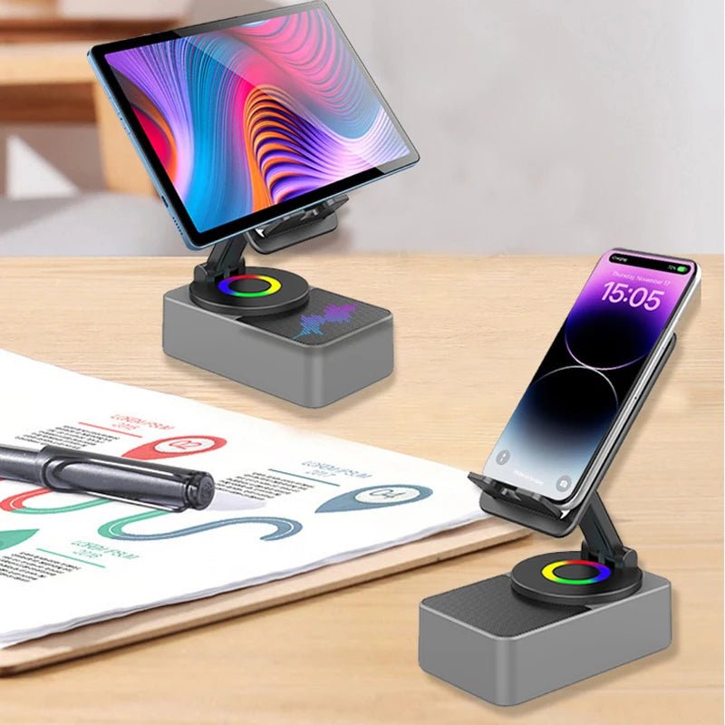 3 - in - 1 Mobile Phone Holder: Stand Bracket + Audio Power Bank + Wireless Bluetooth Speaker | Adjustable, Foldable, Rotating Desktop Accessory - InspiredGrabs.com