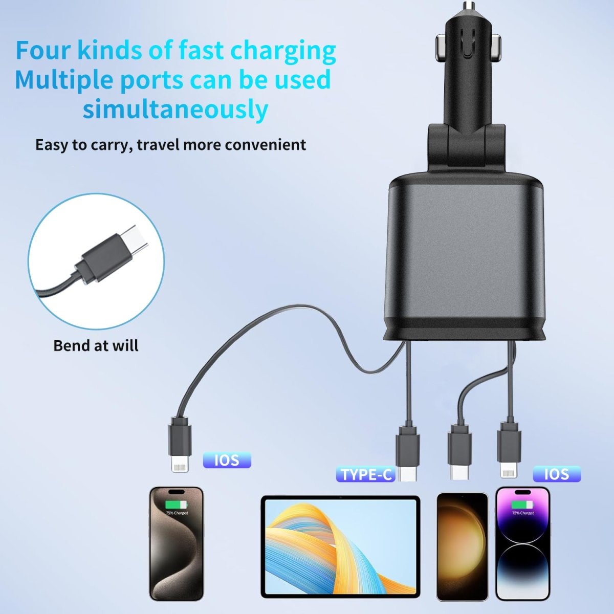 4 - in - 1 Retractable fast Car Charger for iPhone 16 - InspiredGrabs.com