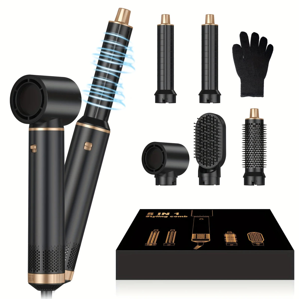 5 - in - 1 Blow Dryer Brush & Air Curling Wrap Styler – Detachable Hot Air Brush Set - InspiredGrabs.com