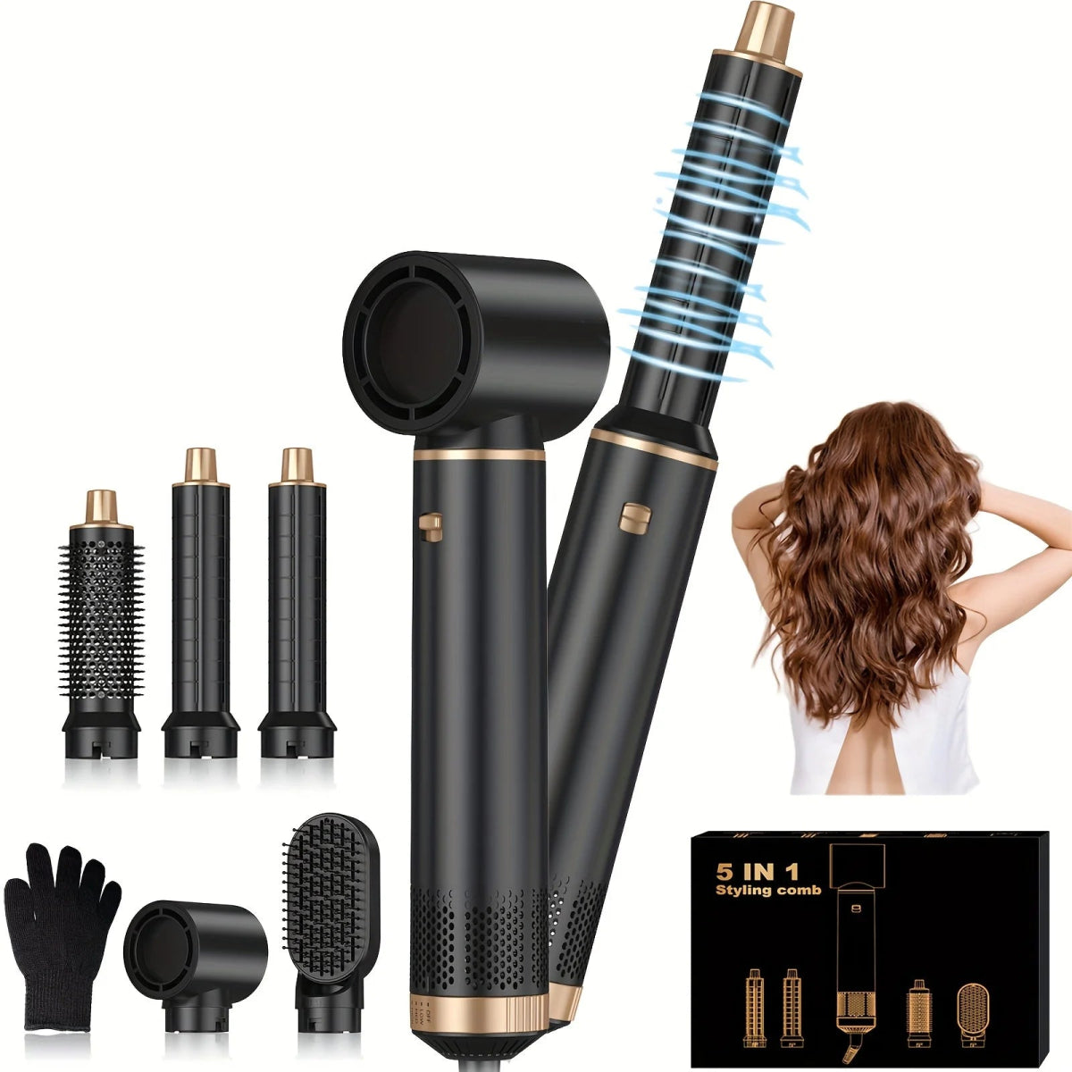 5 - in - 1 Blow Dryer Brush & Air Curling Wrap Styler – Detachable Hot Air Brush Set - InspiredGrabs.com