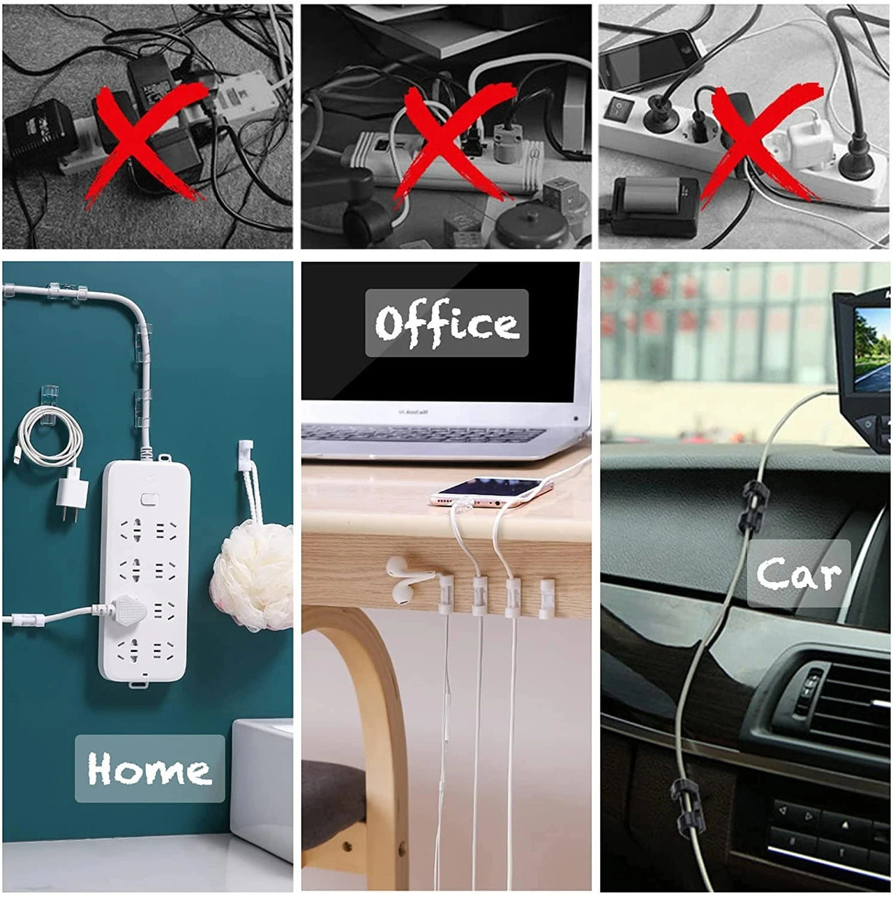 Adhesive cable clips securing cords on a surface
