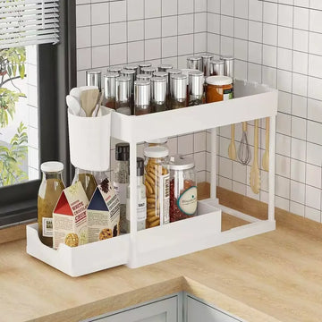 White two-tier sliding under-sink organizer