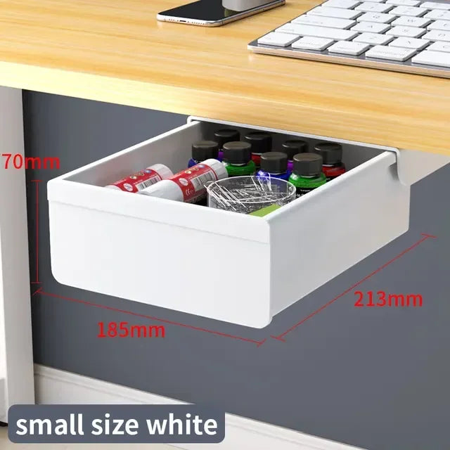 Pull-out under-desk organizer installed beneath a work surface