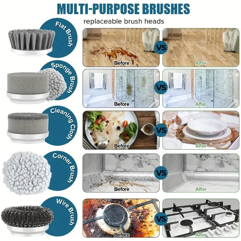 Five electric scrubber heads for different cleaning tasks