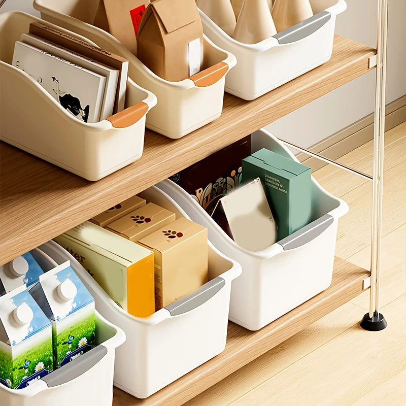 Open-front storage bins organizing kitchen and household items