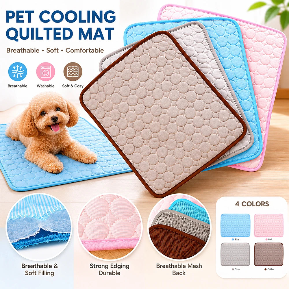 Pet cooling mats in Grey, Brown, Pink and Blue with quilted tops