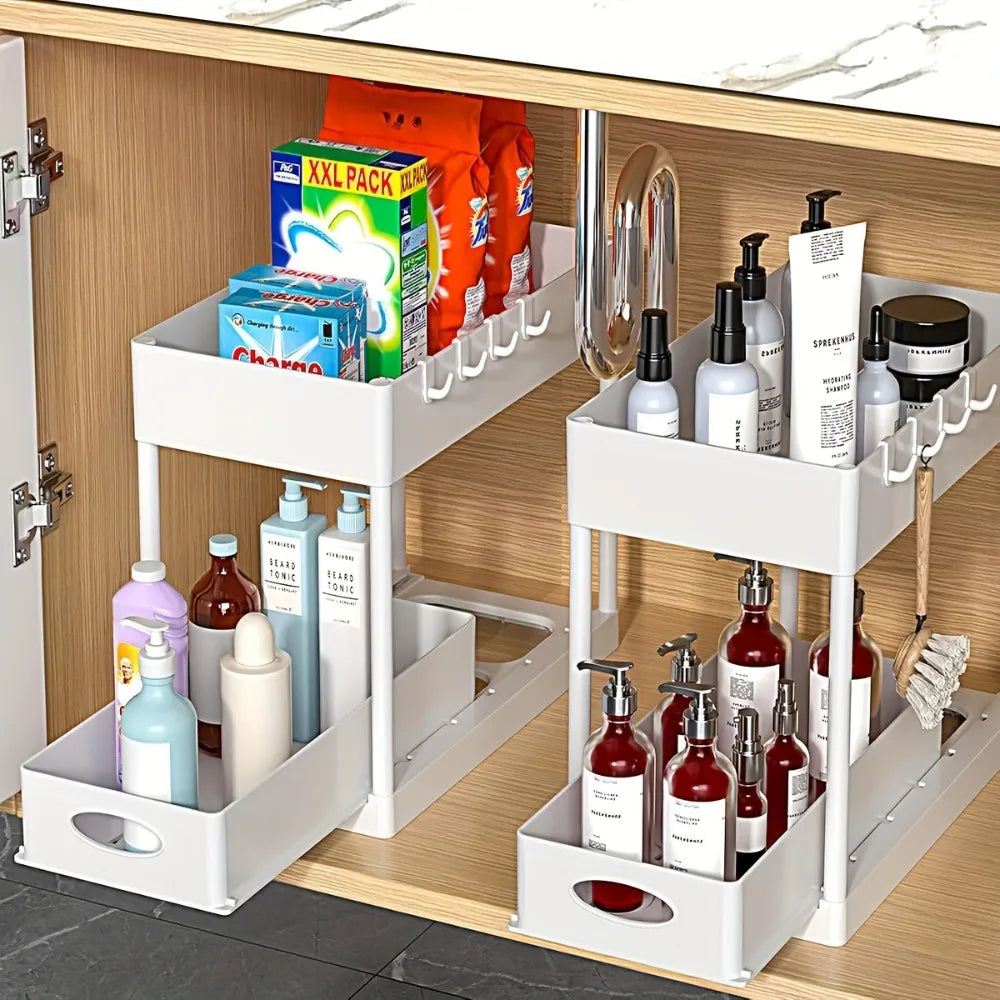 Space-saving organizer for bathroom or kitchen cabinet